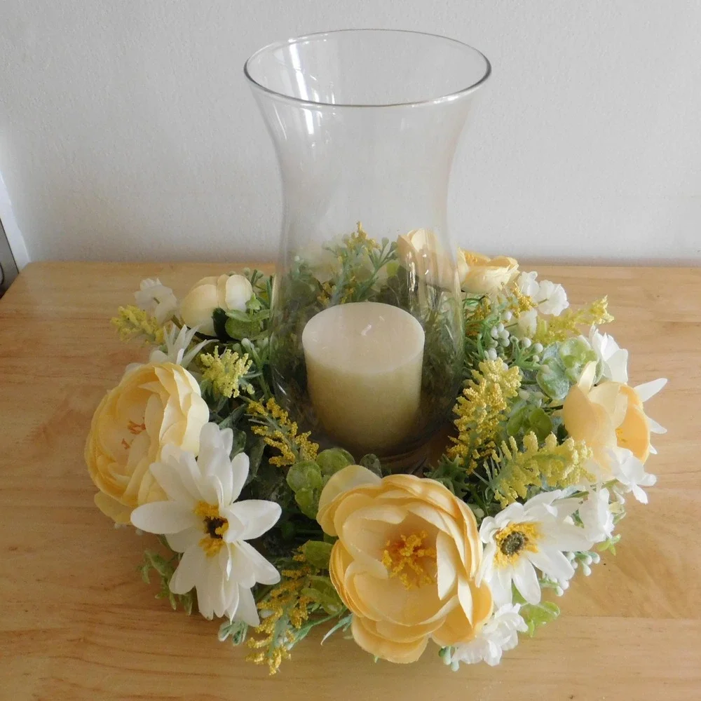 Yellow and White Floral Wreath, 11 Inch Candle Ring Centerpiece